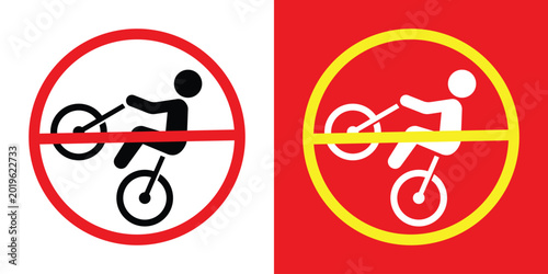 Obraz na płótnie Prohibitory sign set depicting a person performing a wheelie on a bicycle