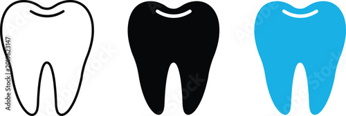 Bild auf Leinwand Three stylized tooth outline, solid black, and solid blue teeth dental dentistry