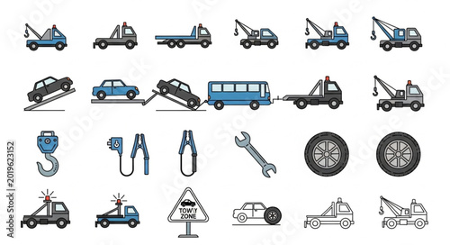 Slika na platnu Collection of tow trucks and related icons for roadside assistance