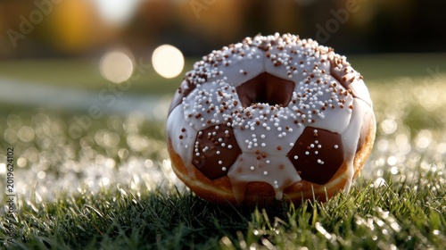Frosted donut soccer ball field food photography outdoor close-up whimsical dessert art with sports theme