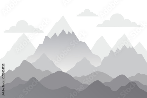 Grey mountain range landscape, vector mountains, cloudy sky, gradient peaks