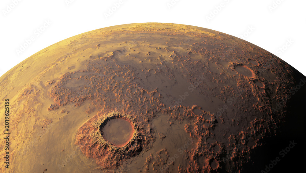Fototapeta premium Mars planet surface with craters and rugged terrain, isolated on transparent background
