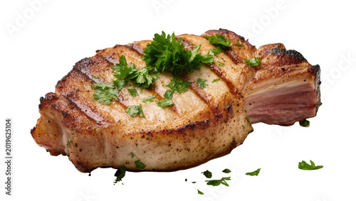 Foto Juicy grilled pork chop with fresh parsley garnish, isolated on transparent back