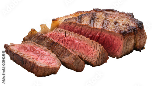 Photos Juicy grilled sirloin steak sliced showing red medium-rare center, isolated on t