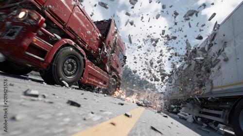 Red semi-truck colliding with white truck causing debris explosion in a highway crash scene