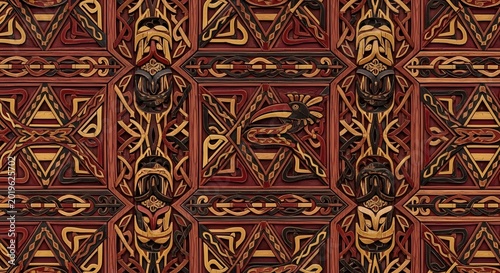 Traditional carved wooden wall pattern featuring intricate indigenous motifs