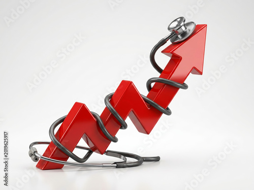 Red Growing Arrow Wrapped in Stethoscope Showing Healthcare Costs