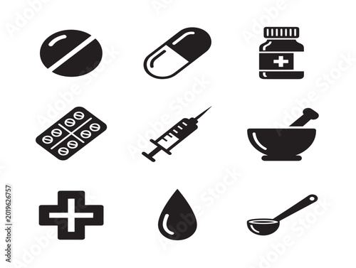 Vector medical icons set with pills syringe mortar and prohibition sign