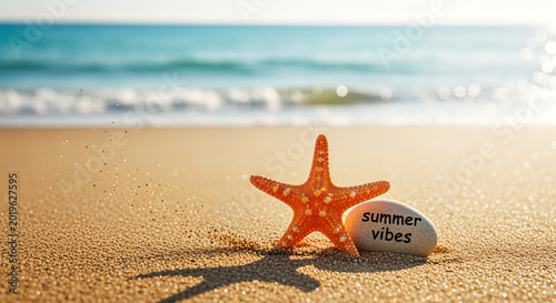 A bright orange starfish rests gently beside a smooth stone engraved with the words “summer vibes” on warm golden sand