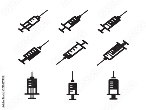 Vector syringes and vaccine vials illustration in flat line art style