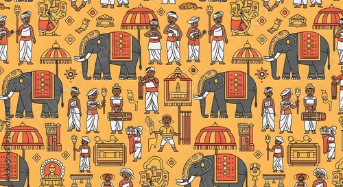 Traditional Sri Lankan Kandy procession pattern with decorated elephants