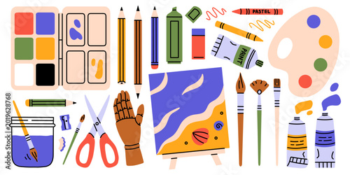 Vector set of creative art supplies and painting tool element with canvas, palette, brush, pencil, crayon, paint tube, scissors. Colorful hobby collection illustration for studio and school design.