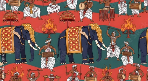 Sri Lankan Kandy Esala Perahera parade with decorated elephants and drummers