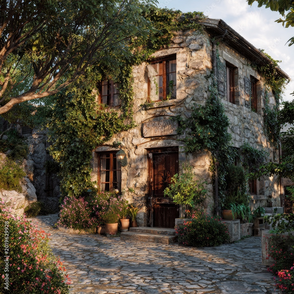 Fototapeta premium Quaint stone cottage nestled amidst lush foliage and blooming flowers