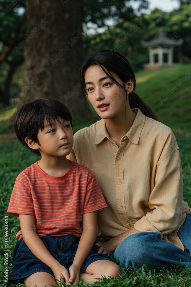 Fototapeta premium Mother and son seated together on grass near large tree pavilion