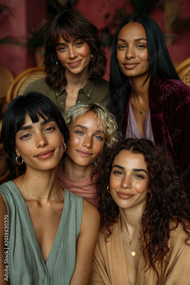 Fototapeta premium Group of women posing together in indoor portrait setting