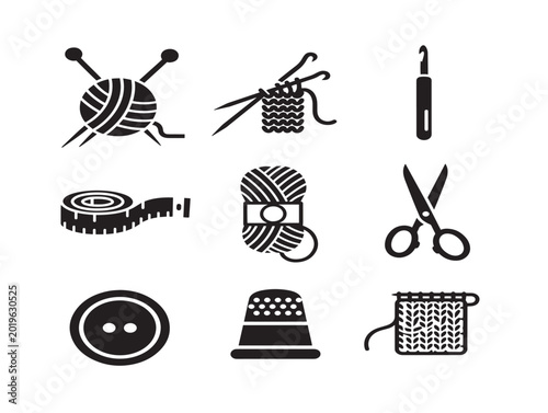Vector knitting tools and accessories set with yarn and scissors