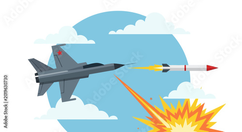 Photos Military jet firing missile in aerial combat.