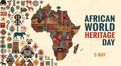 African continent illustration with cultural patterns and heritage symbols celebrating world heritage day