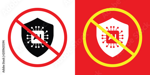 Photos AI security prohibition icons featuring an AI chip on a shield with a red strike-through
