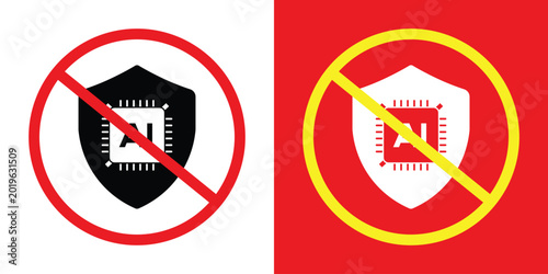 Photos AI security prohibition icons featuring an AI chip on a shield with a red strike-through