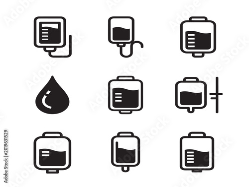 Vector set of blood bag icons and drop symbol for medical use