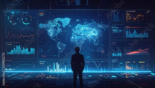 A silhouette of a person stands before a large digital display showing global data and analytics visualizations. The scene is futuristic