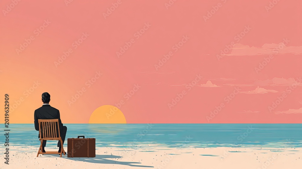 Obraz premium Professional businessman in a suit sitting on a wooden chair on the beach looking at the sunset in this photograph