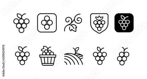 Collection of simple line icons representing grapes and winemaking elements