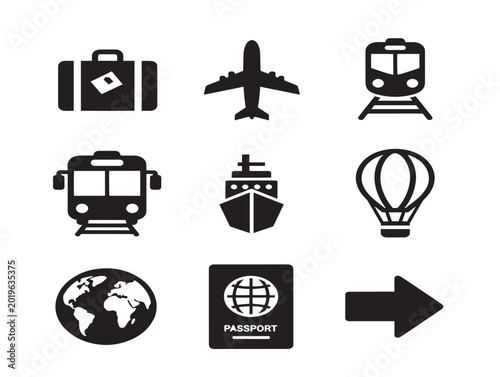 Vector travel icons set with transport modes and passport illustration
