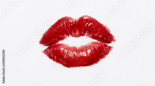 Schilderij op canvas Red lipstick kiss mark on white background shiny lip gloss puckered lips makeup
