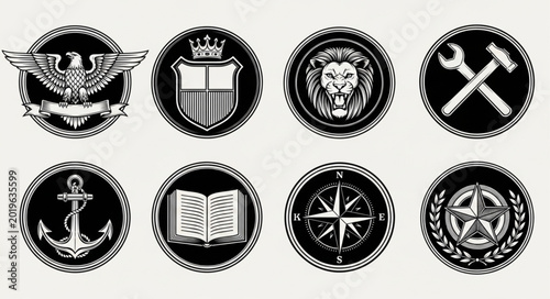 Collection of Eight Circular Emblems and Symbols.