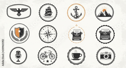 Collection of Vintage Style Stamps and Icons.
