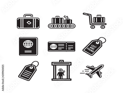 Vector travel icons set with luggage, airport, lost and found and transportation symbols