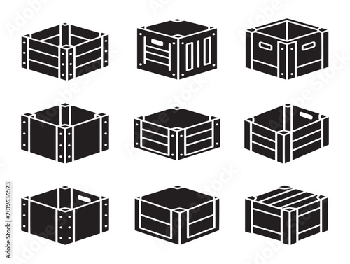 Set of nine vector crates in isometric line art style