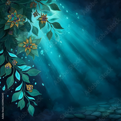 Fantasy Teal Floral Illustration with Magical Light Rays and Water Droplets