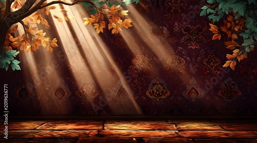 Sunlit Room with Vintage Wallpaper, Tree Branches, and Wooden Floor, Warm and Inviting