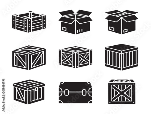 Set of nine vector storage containers and boxes in isometric line art style