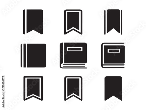 Set of nine minimalist vector bookmark icons in solid and outline styles