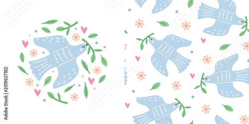 Bild auf Leinwand Peace dove greeting card and seamless pattern with cute white birds carrying olive branches