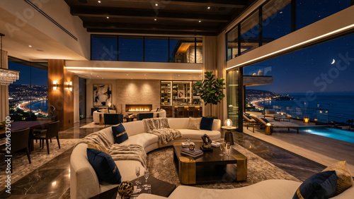 Luxury modern beach house mansion living room interior with panoramic ocean view at night, minimalist design villa, premium beachfront real estate and lifestyle 