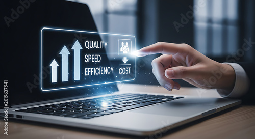 A hand interacts with a digital interface on a laptop screen, displaying business growth metrics like quality, speed, efficiency, and cost.