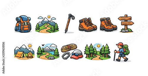 Collection of colorful cartoon hiking and camping icons for outdoor adventures