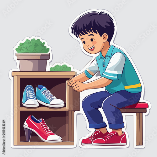 Boy Organizing Shoes on a Shelf