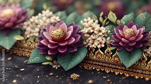 Elegant Lotus Flowers with Golden Accents, Thai Ornamentation, and Floral Arrangement