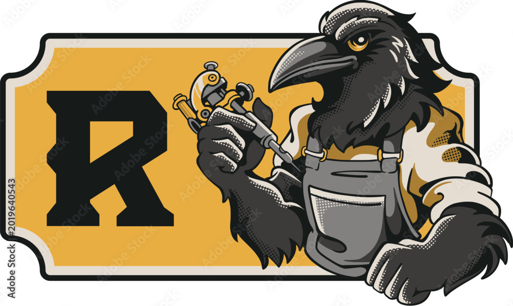 Obraz premium Vintage tattoo studio sign with serious raven artist mascot holding a tattoo machine beside a bold letter R on a yellow rectangular label