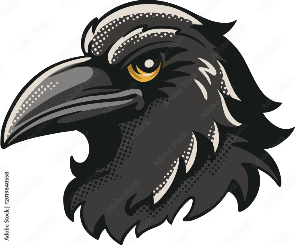 Obraz premium Close-up cartoon raven mascot head with sharp beak, golden eye, and bold feather details in vintage tattoo studio illustration style