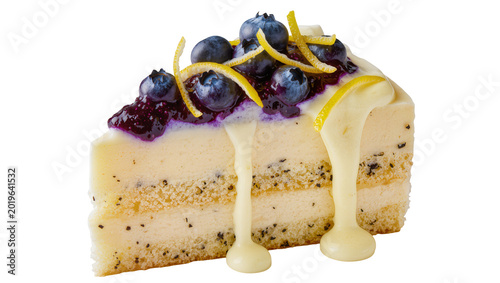 Bild auf Leinwand Layered blueberry lemon cake with white cream drizzle, isolated on transparent b