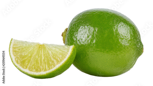 Whole green lime and slice with juicy pulp, isolated on transparent background