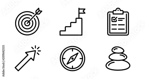 Canvas Print Business Goals Icons Set: Target, Stairs, Checklist, Cursor, Compass, Zen Stones
